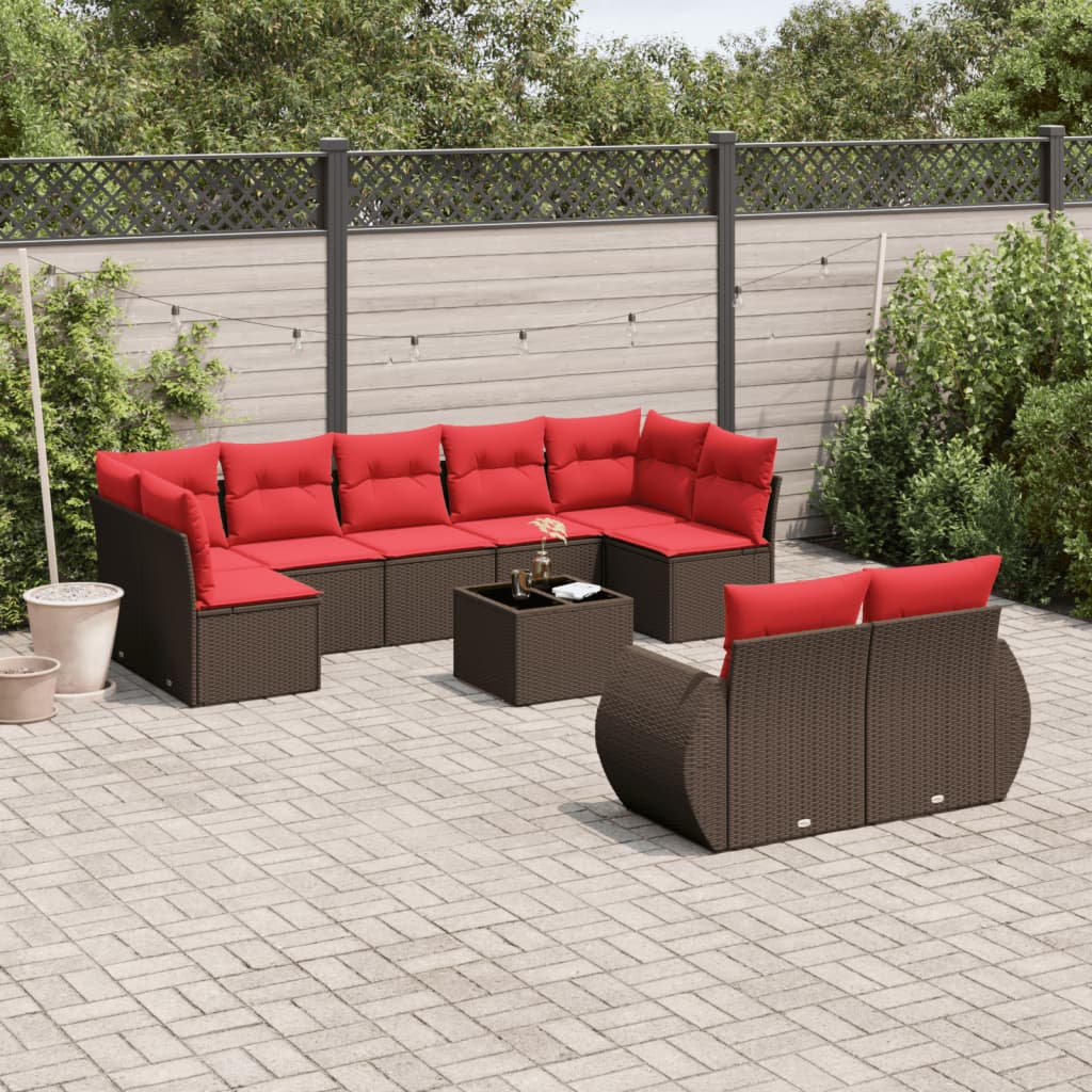 10-delige tuinbankset met kussens, bruin polyrotan is nu te koop bij PeponiXL, paradijselijk wonen!