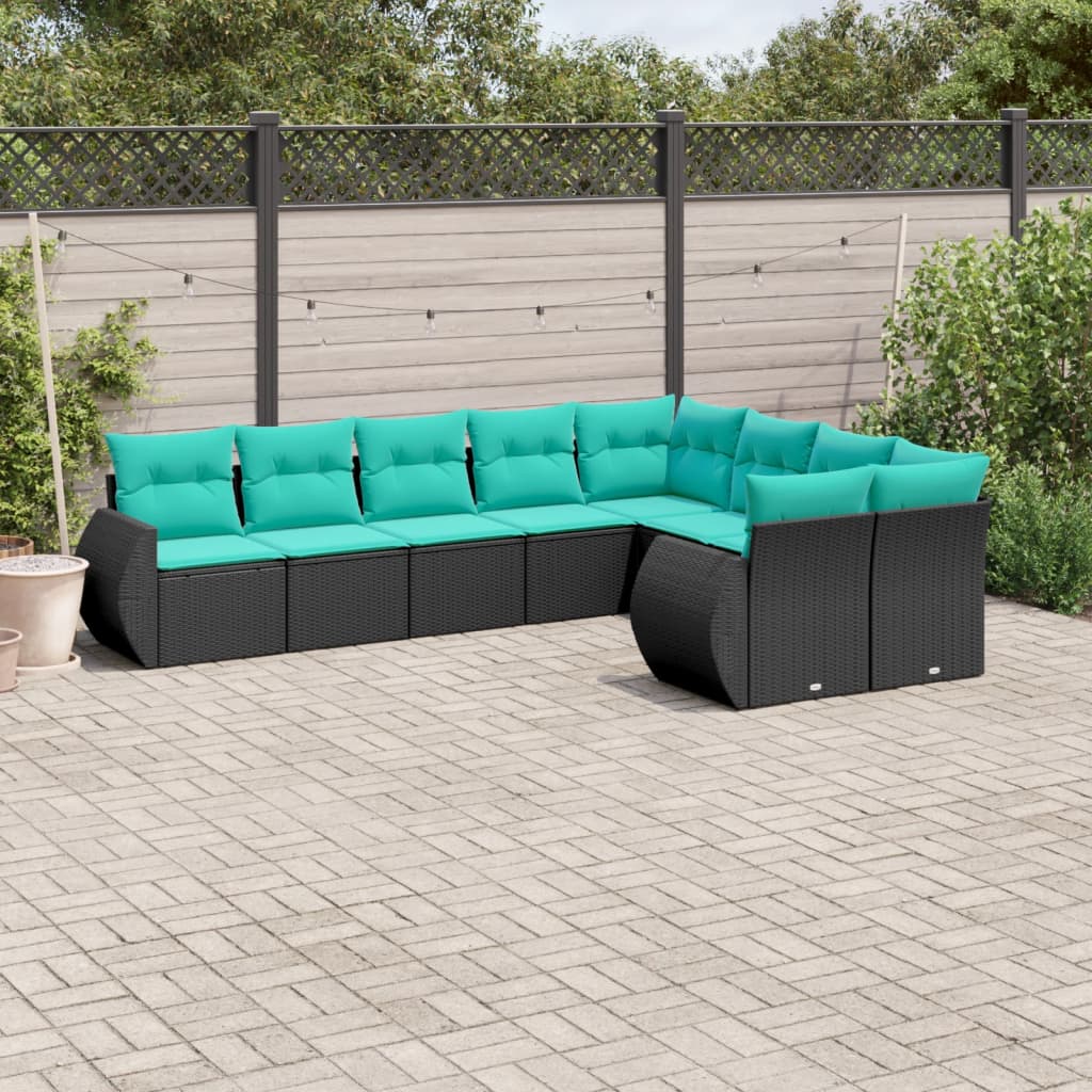 9-delige tuinbankset met kussens van zwart polyrotan is nu te koop bij PeponiXL, paradijselijk wonen!
