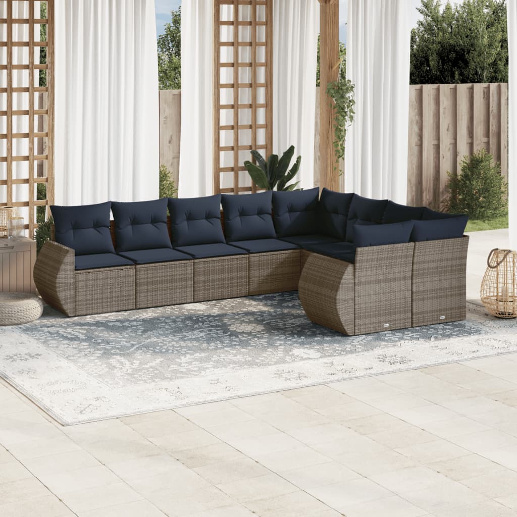 9-delige tuinbankset met kussens, grijs polyrotan is nu te koop bij PeponiXL, paradijselijk wonen!