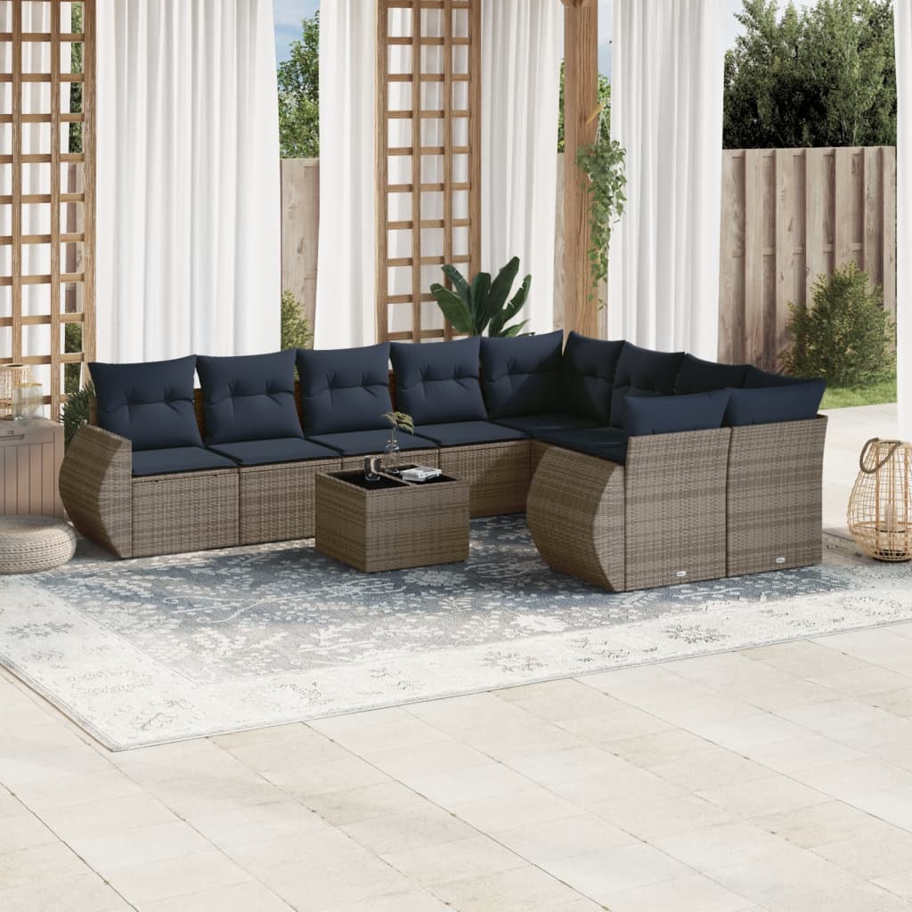 10-delige tuinbankset met kussens, grijs polyrotan is nu te koop bij PeponiXL, paradijselijk wonen!