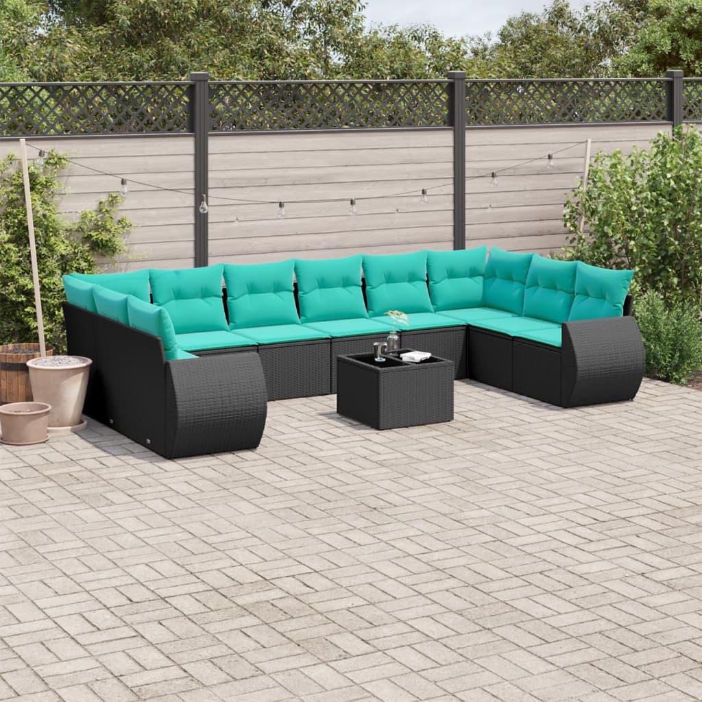 11-delige tuinbankset met kussens, zwart polyrotan is nu te koop bij PeponiXL, paradijselijk wonen!