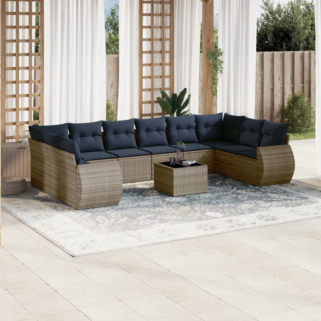11-delige tuinbankset met kussens, grijs polyrotan is nu te koop bij PeponiXL, paradijselijk wonen!
