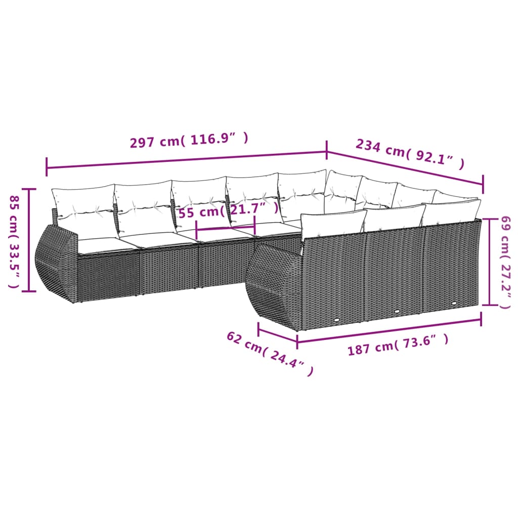 10-delige Loungeset met kussens poly rattan grijs is nu te koop bij PeponiXL, paradijselijk wonen!