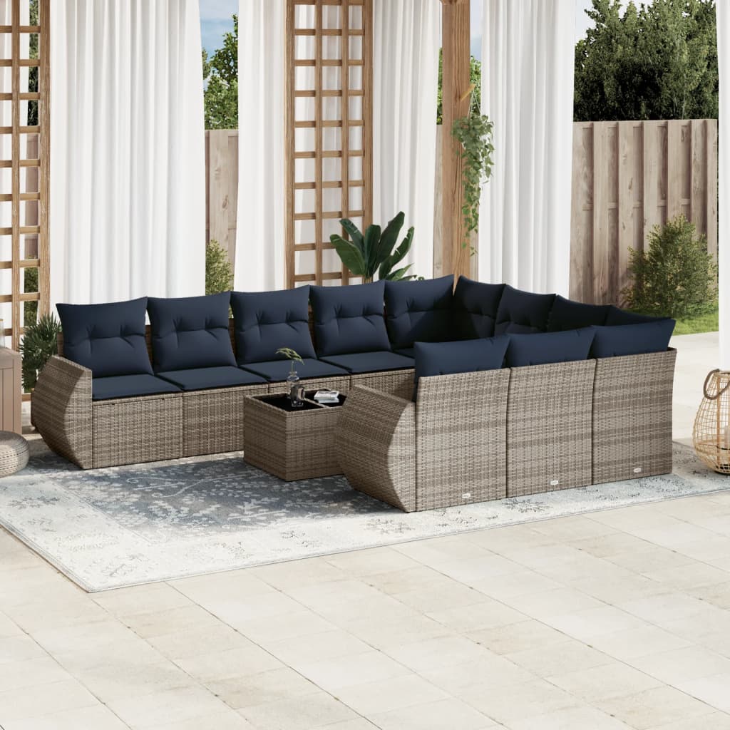 11-delige tuinbankset met kussens, grijs polyrotan is nu te koop bij PeponiXL, paradijselijk wonen!