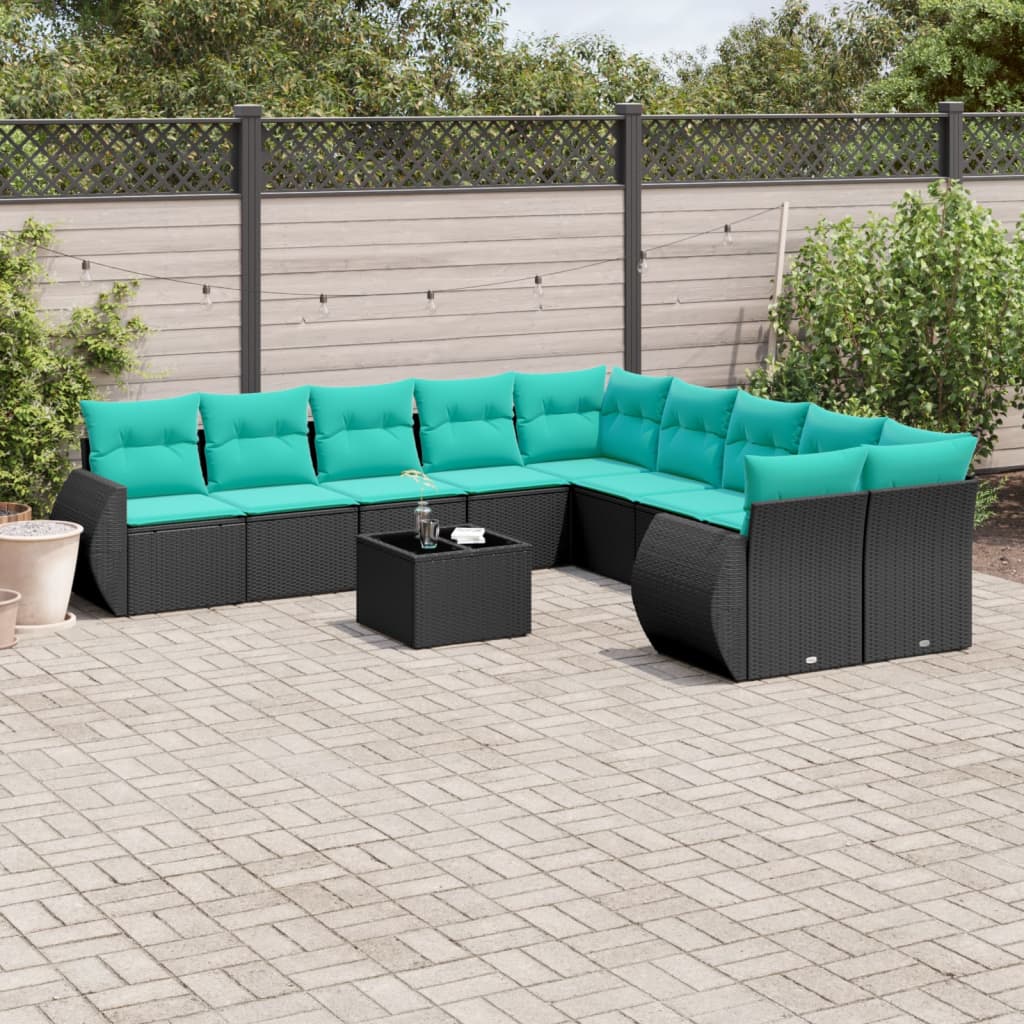 11-delige tuinbankset met kussens, zwart polyrotan is nu te koop bij PeponiXL, paradijselijk wonen!