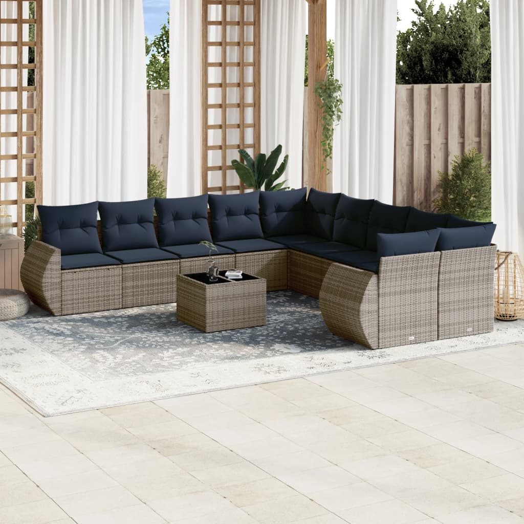 11-delige tuinbankset met kussens, grijs polyrotan is nu te koop bij PeponiXL, paradijselijk wonen!