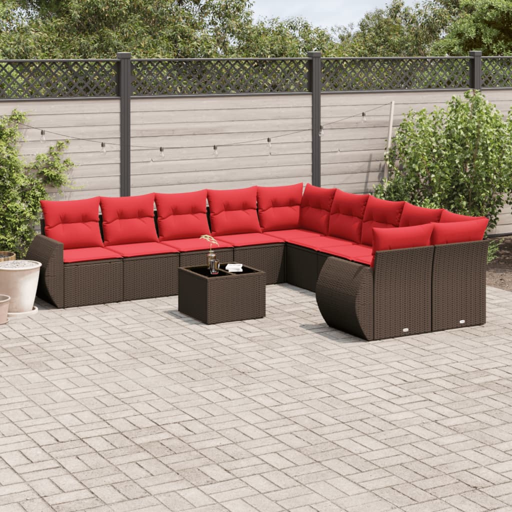 11-delige tuinbankset met kussens, bruin polyrotan is nu te koop bij PeponiXL, paradijselijk wonen!