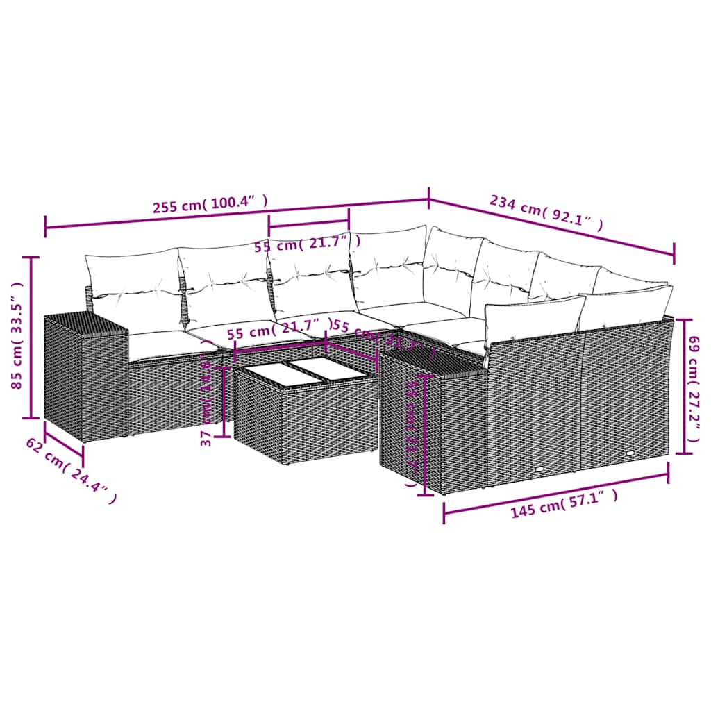 9-delige tuinbankset met kussens van zwart polyrotan is nu te koop bij PeponiXL, paradijselijk wonen!