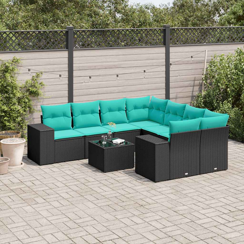 9-delige tuinbankset met kussens van zwart polyrotan is nu te koop bij PeponiXL, paradijselijk wonen!