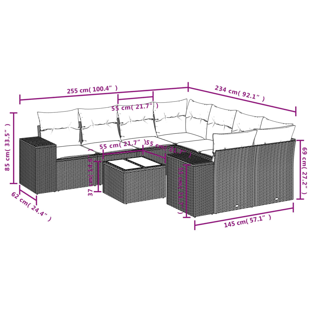 9-delige Loungeset met kussens poly rattan grijs is nu te koop bij PeponiXL, paradijselijk wonen!