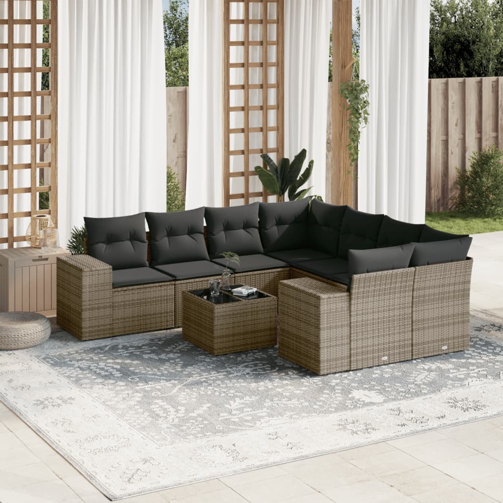 9-delige Loungeset met kussens poly rattan grijs is nu te koop bij PeponiXL, paradijselijk wonen!