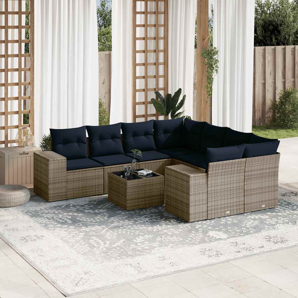 9-delige tuinbankset met kussens, grijs polyrotan is nu te koop bij PeponiXL, paradijselijk wonen!
