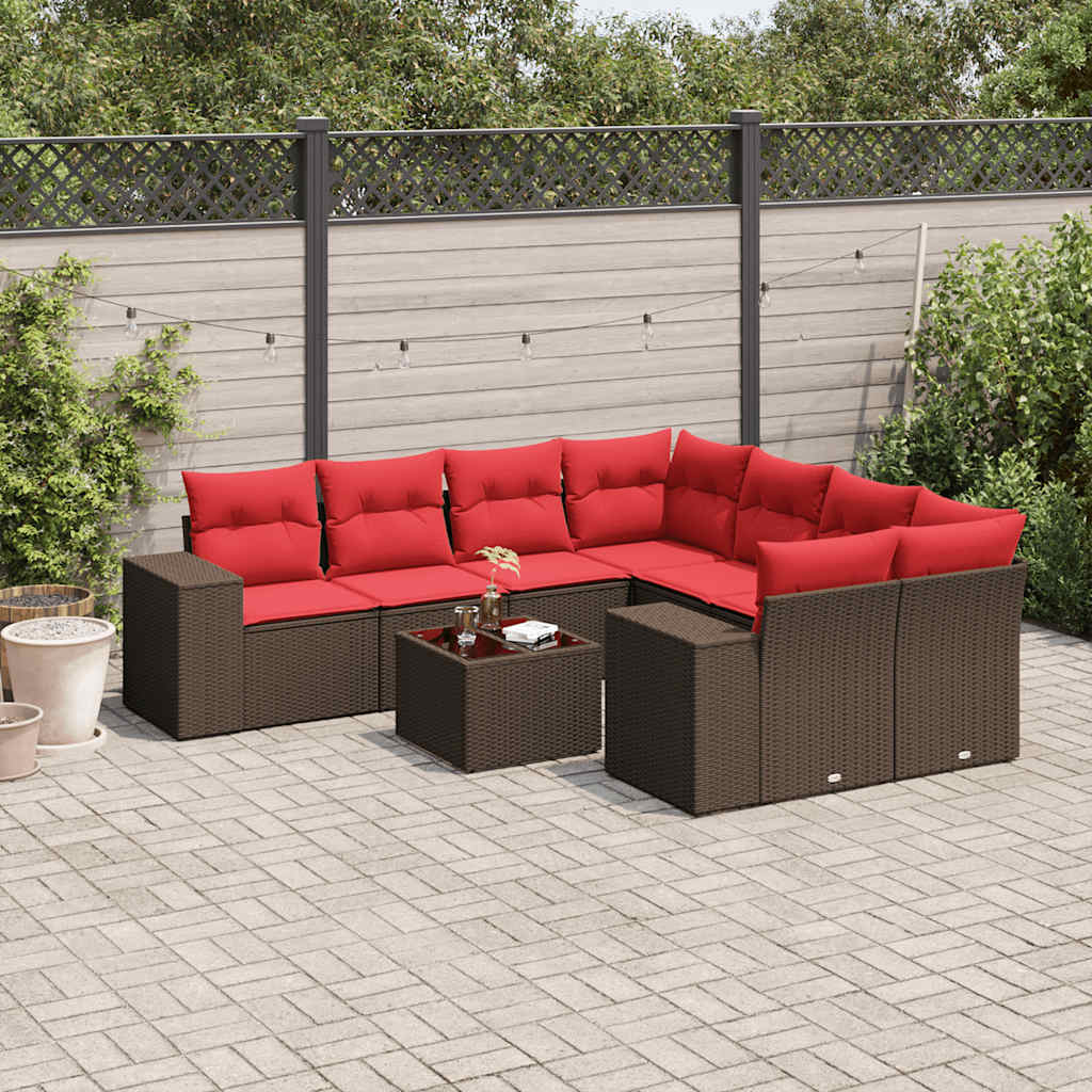 9-delige tuinbankset met kussens, bruin polyrotan is nu te koop bij PeponiXL, paradijselijk wonen!