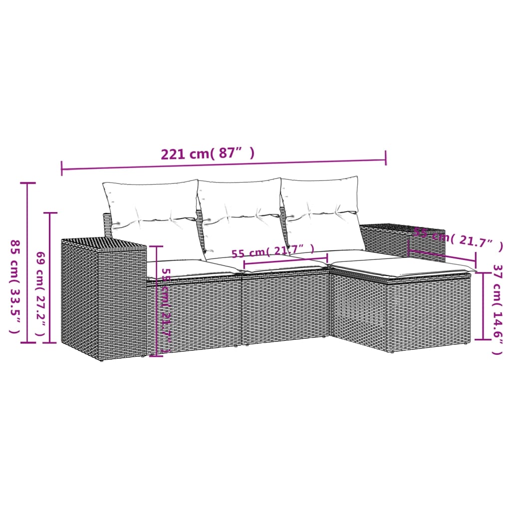 4-delige tuinbankset met kussens, zwart polyrotan is nu te koop bij PeponiXL, paradijselijk wonen!