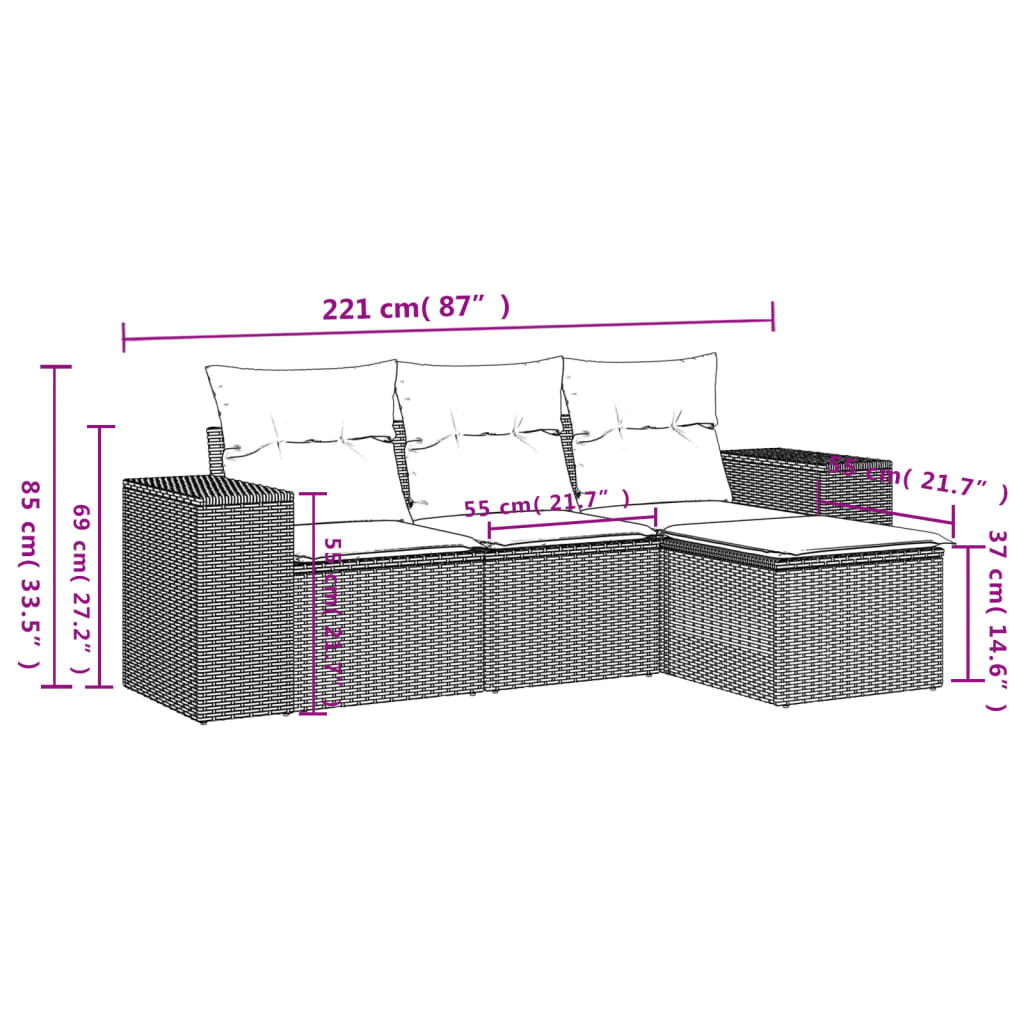 4-delige tuinbankset met kussens, grijs polyrotan is nu te koop bij PeponiXL, paradijselijk wonen!