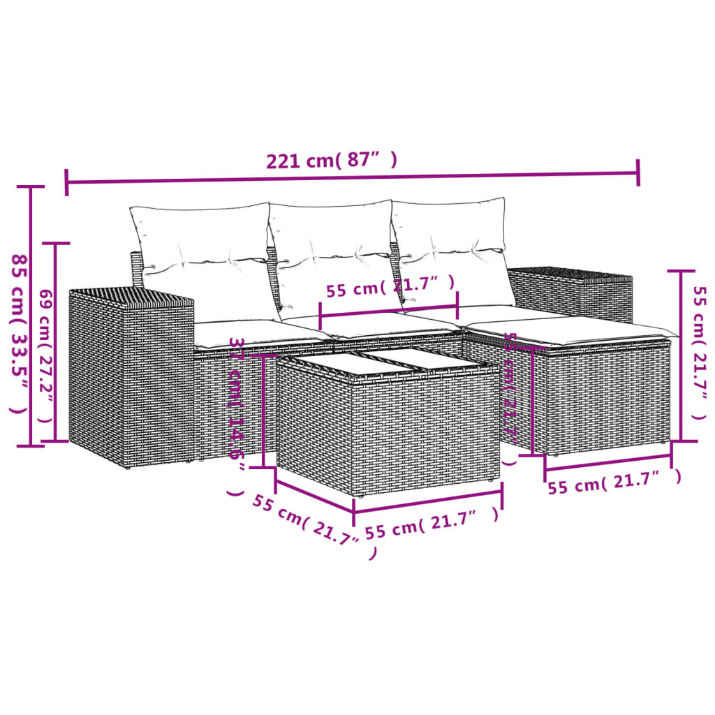 5-delige Loungeset met kussens poly rattan zwart is nu te koop bij PeponiXL, paradijselijk wonen!