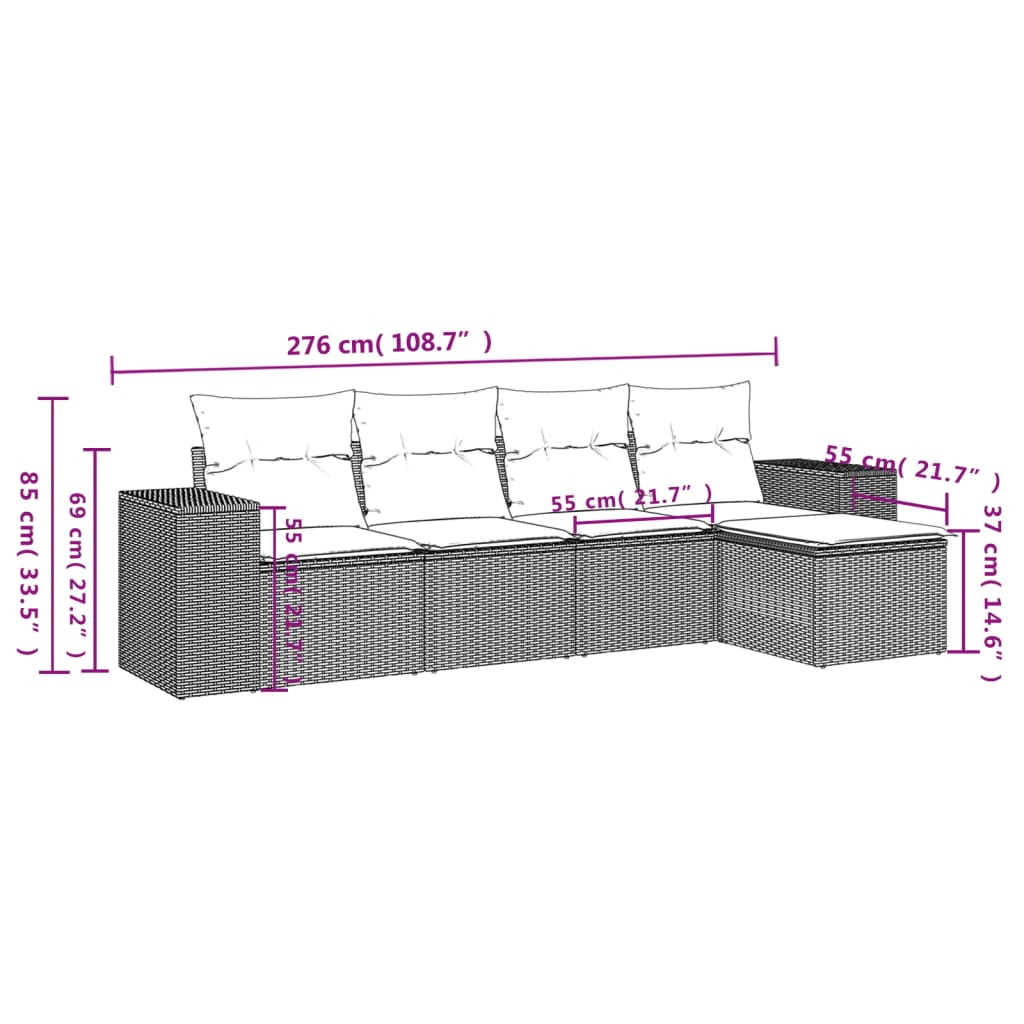 5-delige tuinbankset met kussens, bruin polyrotan is nu te koop bij PeponiXL, paradijselijk wonen!