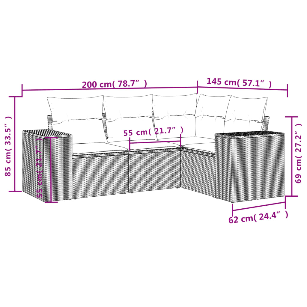 4-delige tuinbankset met kussens, grijs polyrotan is nu te koop bij PeponiXL, paradijselijk wonen!
