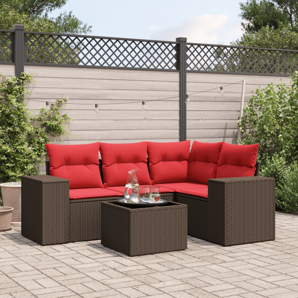 5-delige tuinbankset met kussens, bruin polyrotan is nu te koop bij PeponiXL, paradijselijk wonen!