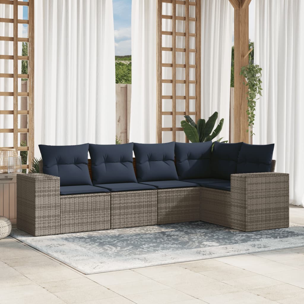 5-delige tuinbankset met kussens, grijs polyrotan is nu te koop bij PeponiXL, paradijselijk wonen!