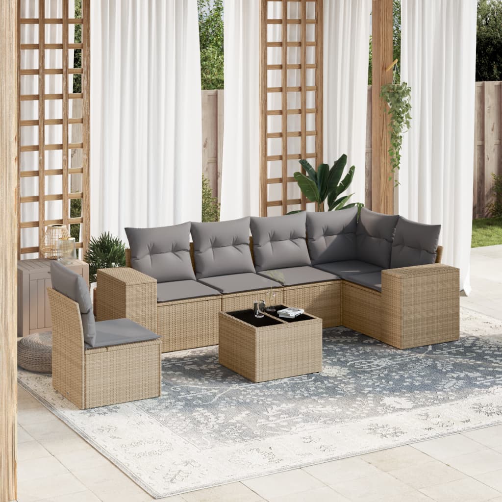 7-delige Loungeset met kussens poly rattan beige is nu te koop bij PeponiXL, paradijselijk wonen!