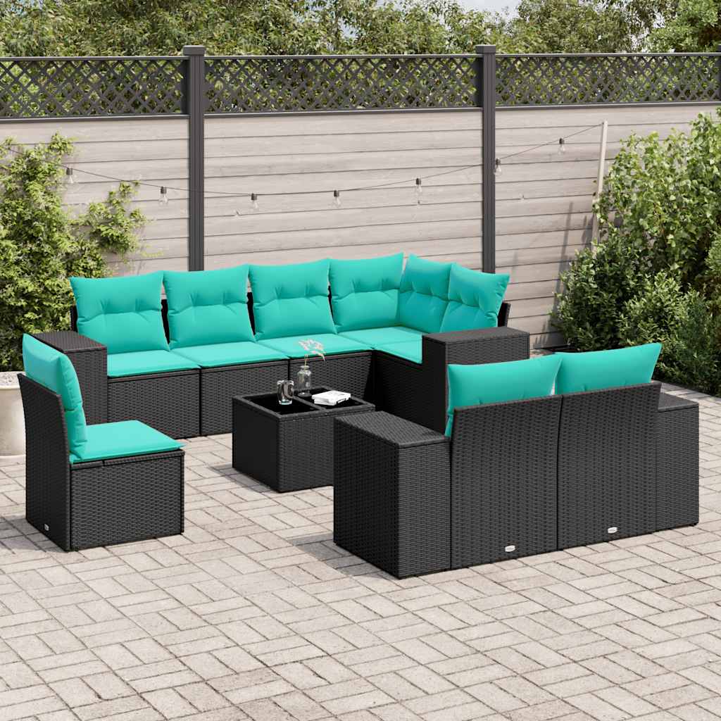 9-delige tuinbankset met kussens van zwart polyrotan is nu te koop bij PeponiXL, paradijselijk wonen!