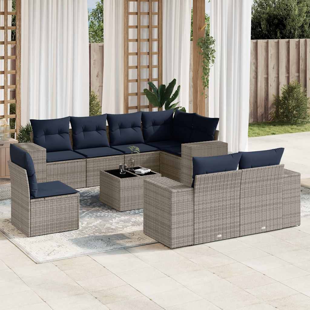 9-delige tuinbankset met kussens, grijs polyrotan is nu te koop bij PeponiXL, paradijselijk wonen!