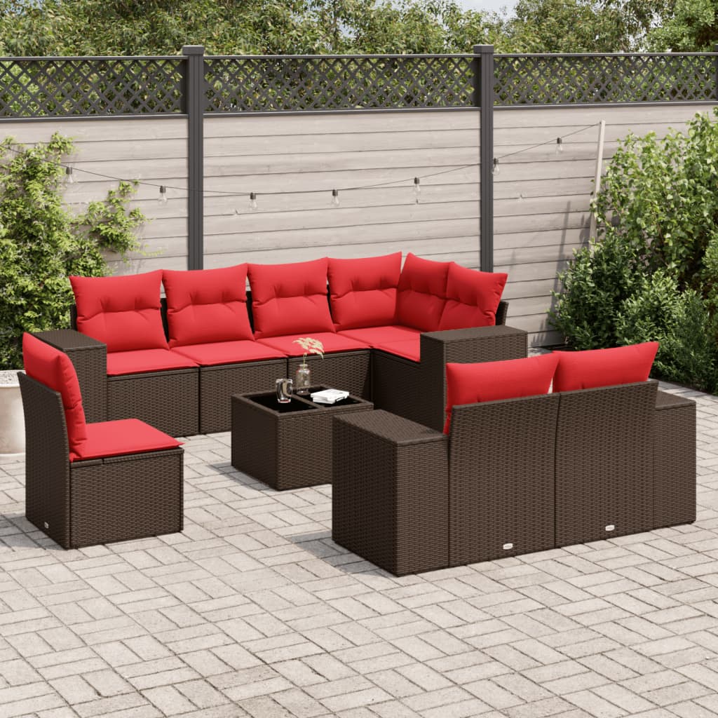 9-delige tuinbankset met kussens, bruin polyrotan is nu te koop bij PeponiXL, paradijselijk wonen!
