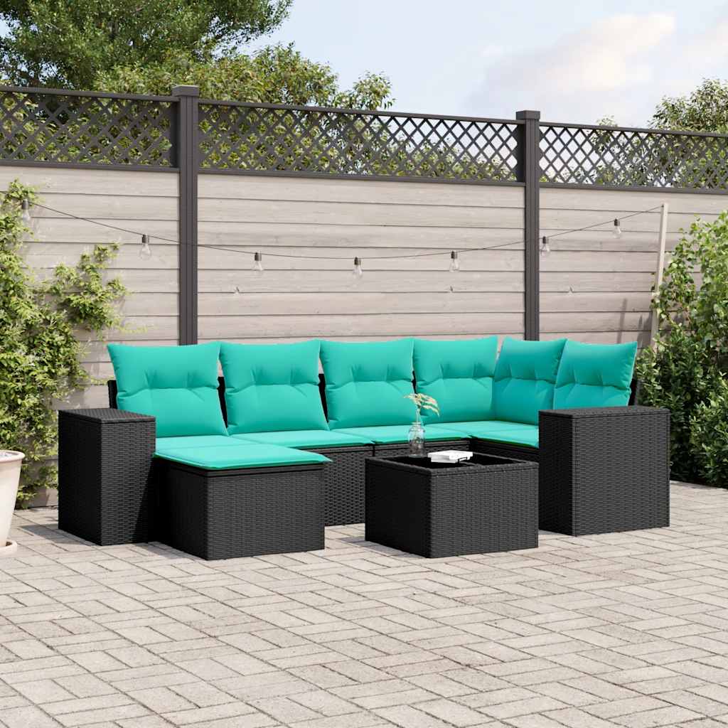 7-delige tuinbankset met kussens van zwart polyrotan is nu te koop bij PeponiXL, paradijselijk wonen!