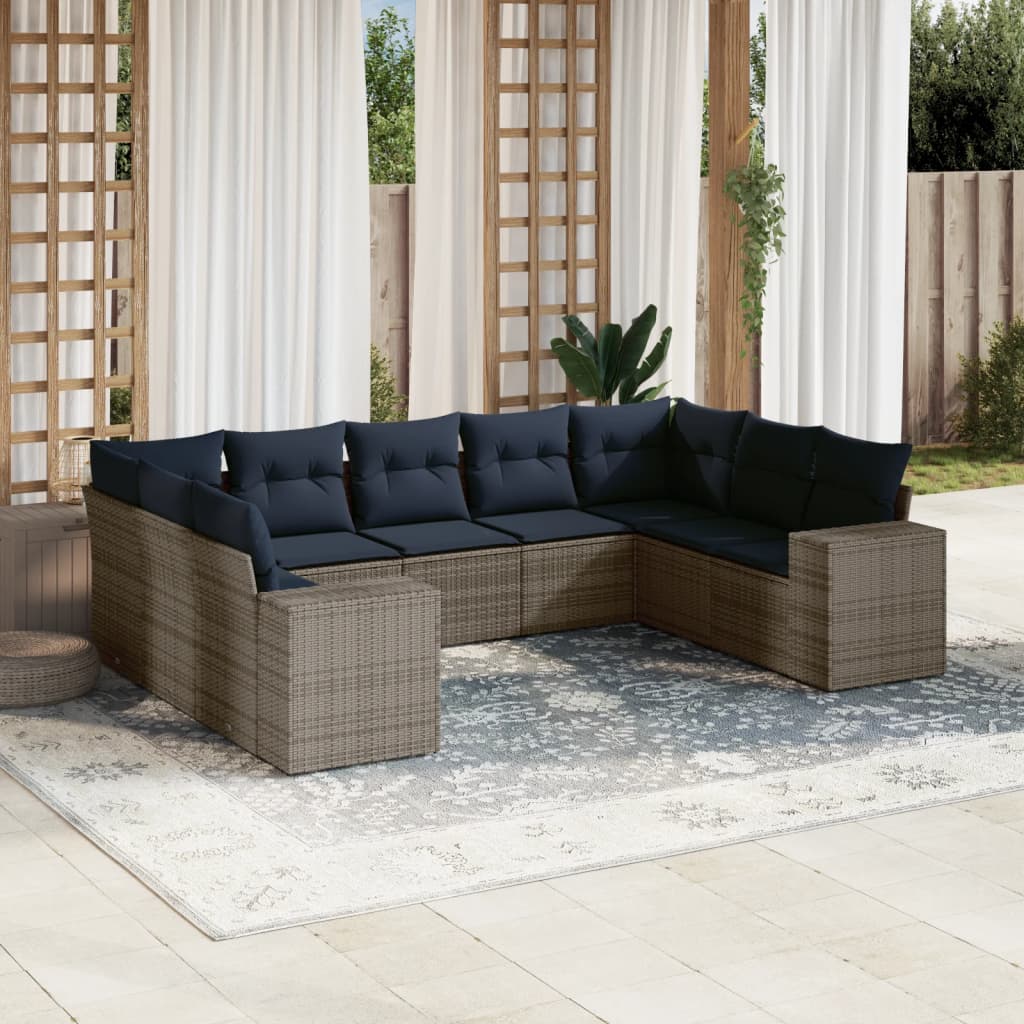 9-delige tuinbankset met kussens, grijs polyrotan is nu te koop bij PeponiXL, paradijselijk wonen!