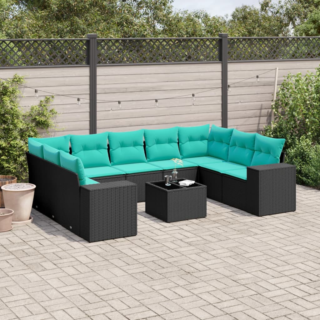 10-delige tuinbankset met kussens van zwart polyrotan is nu te koop bij PeponiXL, paradijselijk wonen!