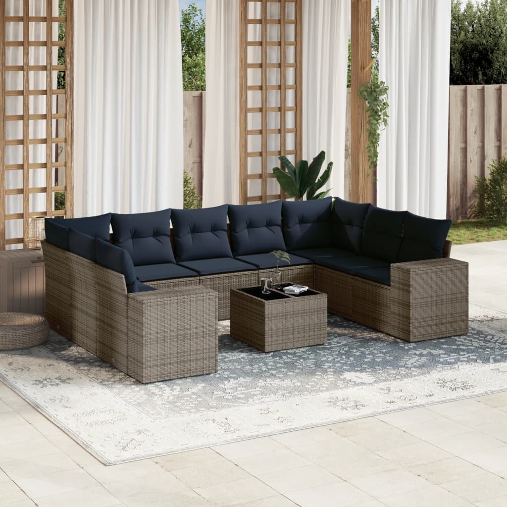 10-delige tuinbankset met kussens, grijs polyrotan is nu te koop bij PeponiXL, paradijselijk wonen!