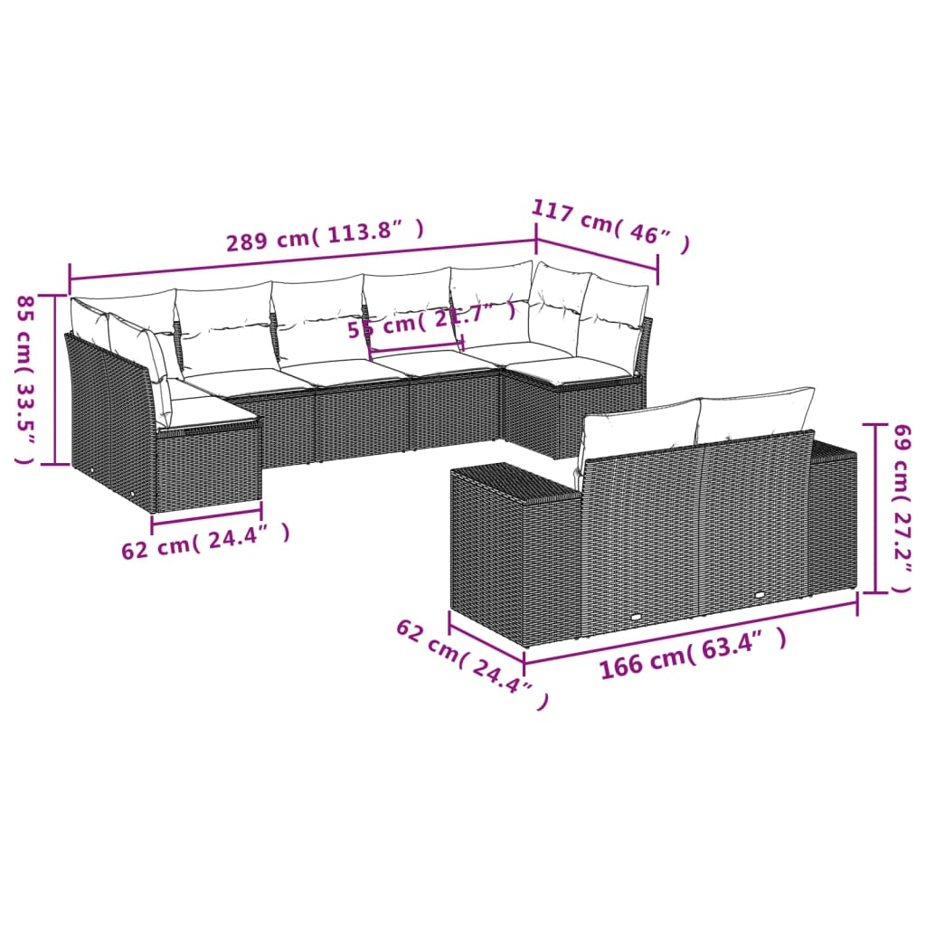 9-delige tuinbankset met kussens van zwart polyrotan is nu te koop bij PeponiXL, paradijselijk wonen!