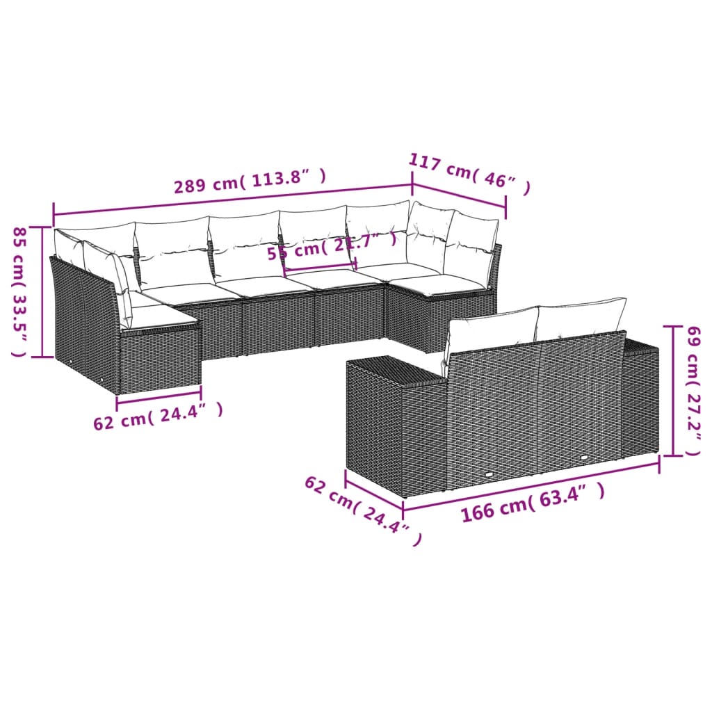 9-delige tuinbankset met kussens, grijs polyrotan is nu te koop bij PeponiXL, paradijselijk wonen!