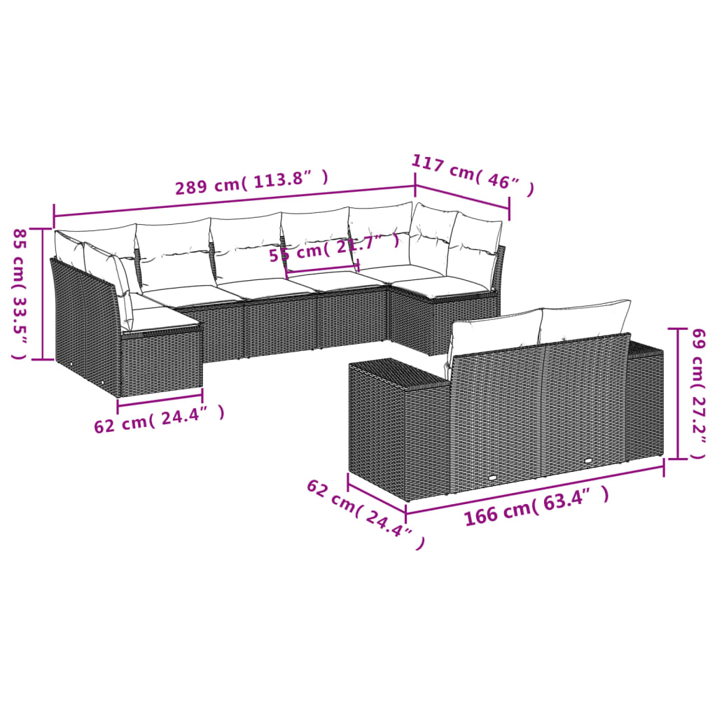 9-delige tuinbankset met kussens, bruin polyrotan is nu te koop bij PeponiXL, paradijselijk wonen!