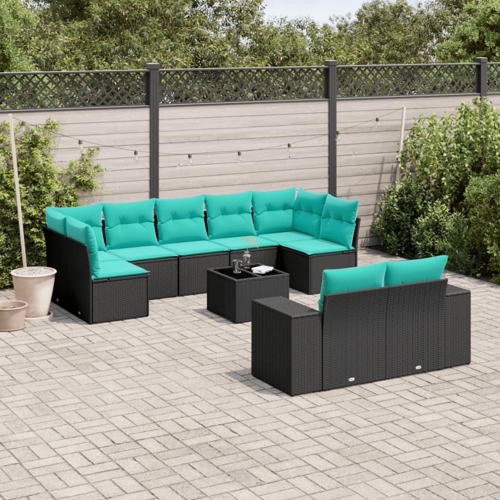 10-delige tuinbankset met kussens van zwart polyrotan is nu te koop bij PeponiXL, paradijselijk wonen!
