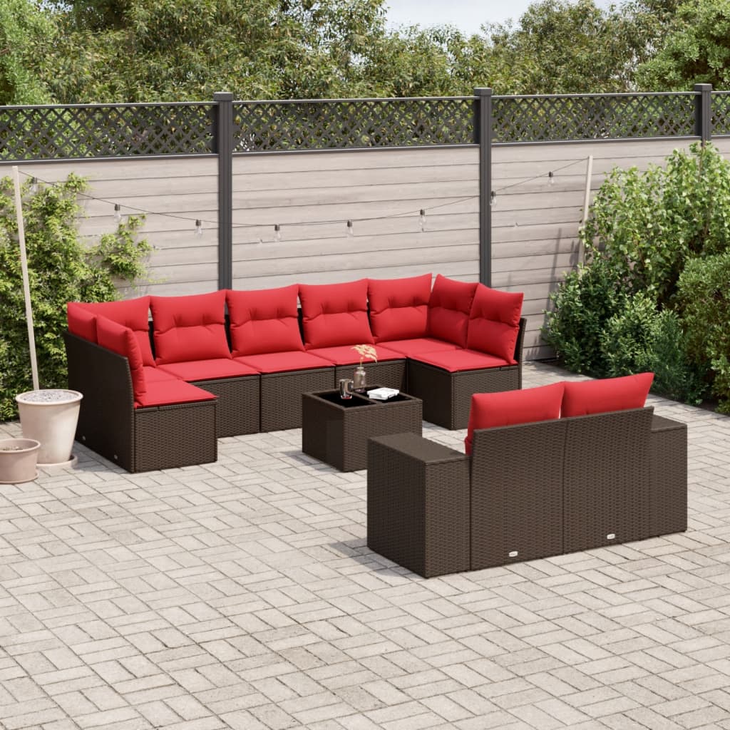 10-delige tuinbankset met kussens, bruin polyrotan is nu te koop bij PeponiXL, paradijselijk wonen!