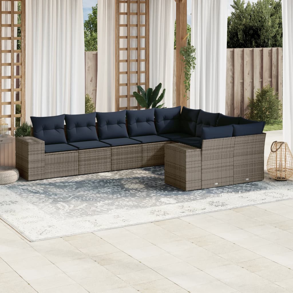 9-delige tuinbankset met kussens, grijs polyrotan is nu te koop bij PeponiXL, paradijselijk wonen!