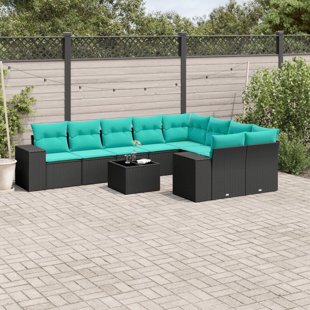10-delige tuinbankset met kussens van zwart polyrotan is nu te koop bij PeponiXL, paradijselijk wonen!