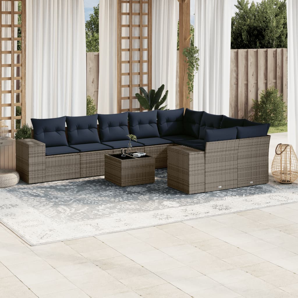 10-delige tuinbankset met kussens, grijs polyrotan is nu te koop bij PeponiXL, paradijselijk wonen!