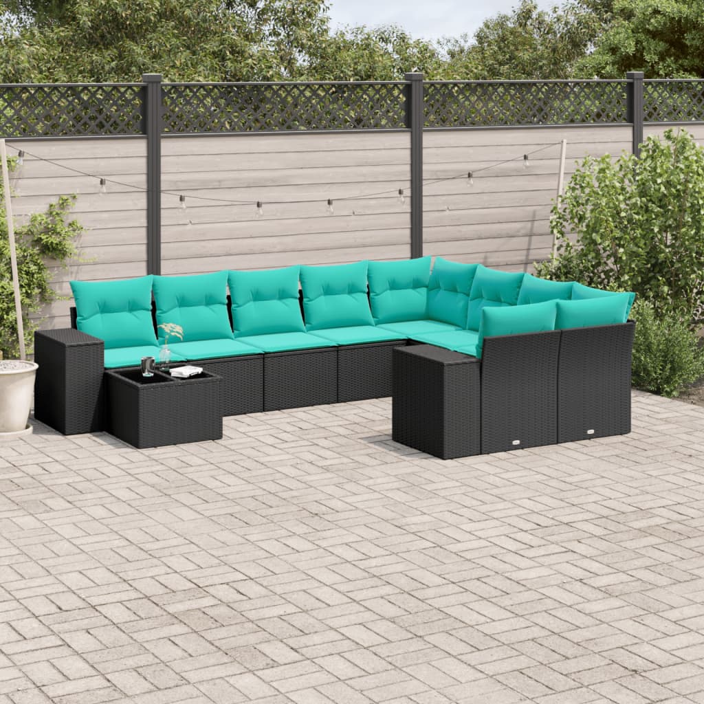 10-delige tuinbankset met kussens van zwart polyrotan is nu te koop bij PeponiXL, paradijselijk wonen!