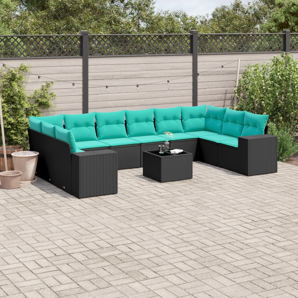 11-delige tuinbankset met kussens, zwart polyrotan is nu te koop bij PeponiXL, paradijselijk wonen!
