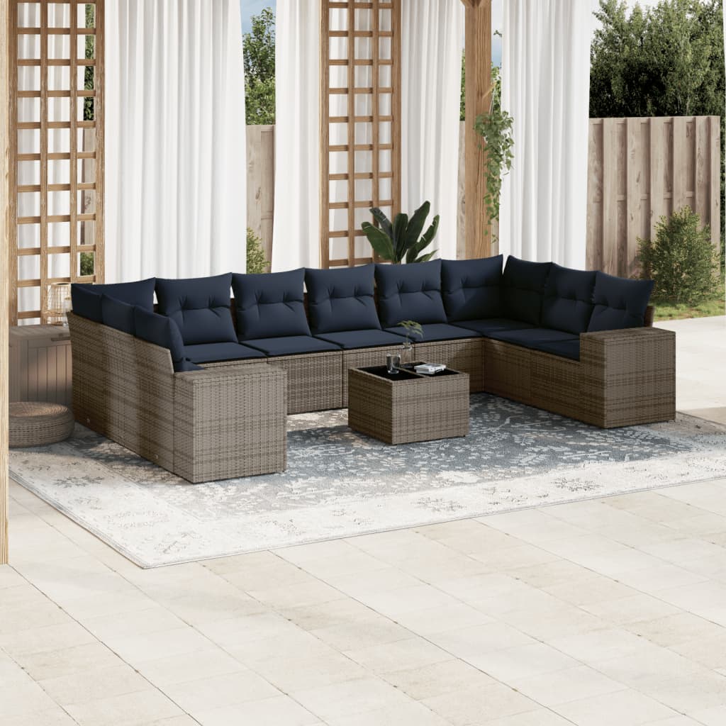 11-delige tuinbankset met kussens, grijs polyrotan is nu te koop bij PeponiXL, paradijselijk wonen!