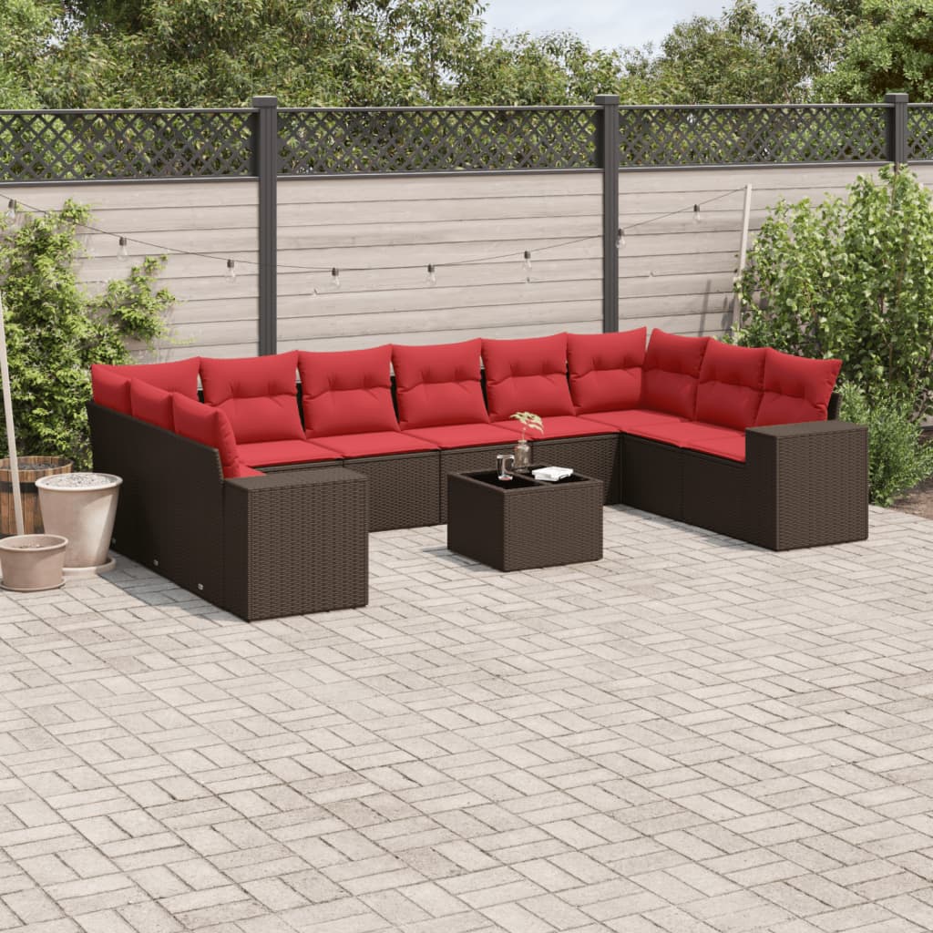 11-delige tuinbankset met kussens, bruin polyrotan is nu te koop bij PeponiXL, paradijselijk wonen!