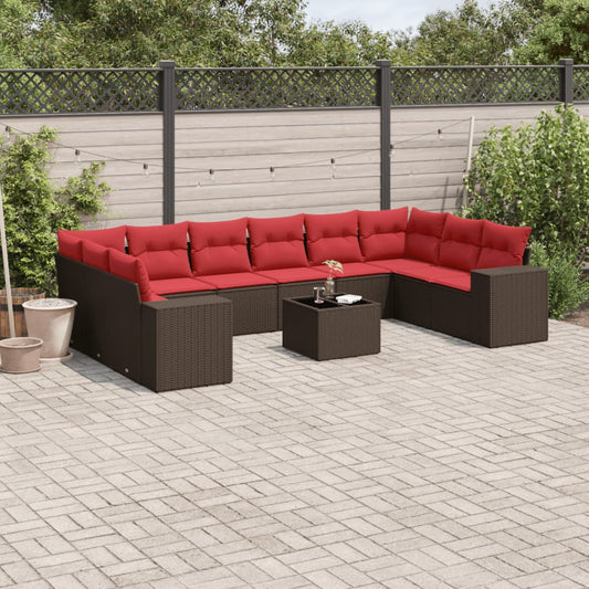11-delige tuinbankset met kussens, bruin polyrotan is nu te koop bij PeponiXL, paradijselijk wonen!