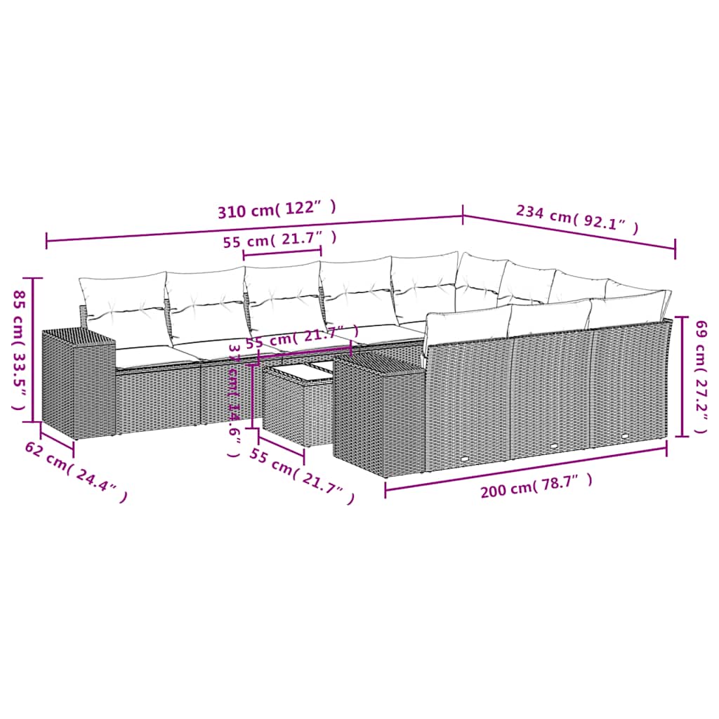 11-delige tuinbankset met kussens, zwart polyrotan is nu te koop bij PeponiXL, paradijselijk wonen!