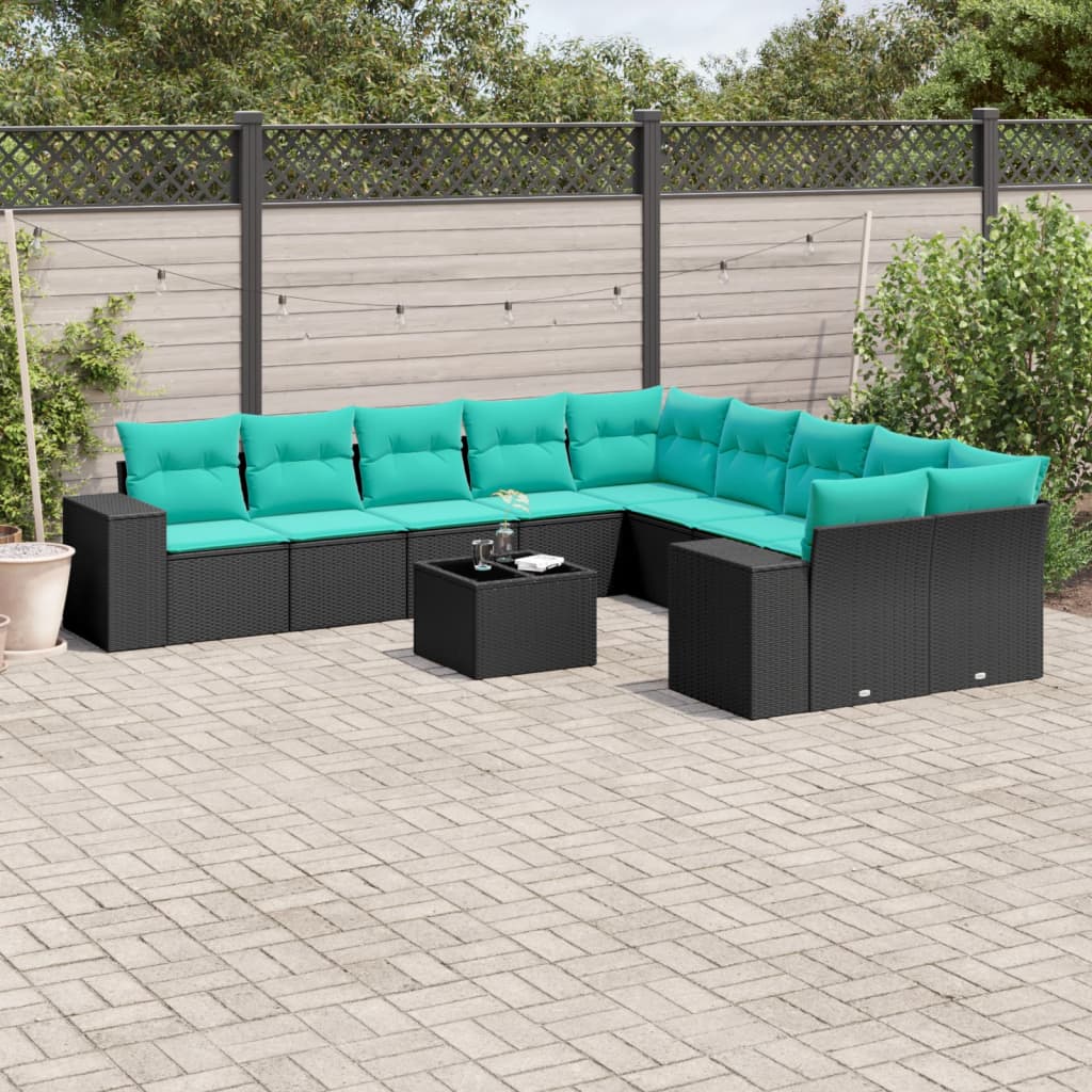11-delige tuinbankset met kussens, zwart polyrotan is nu te koop bij PeponiXL, paradijselijk wonen!