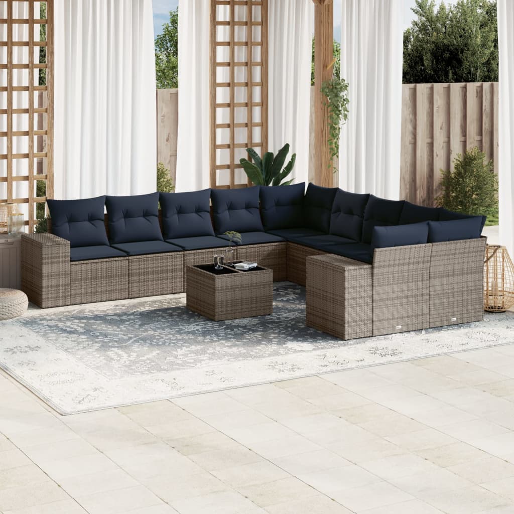 11-delige tuinbankset met kussens, grijs polyrotan is nu te koop bij PeponiXL, paradijselijk wonen!