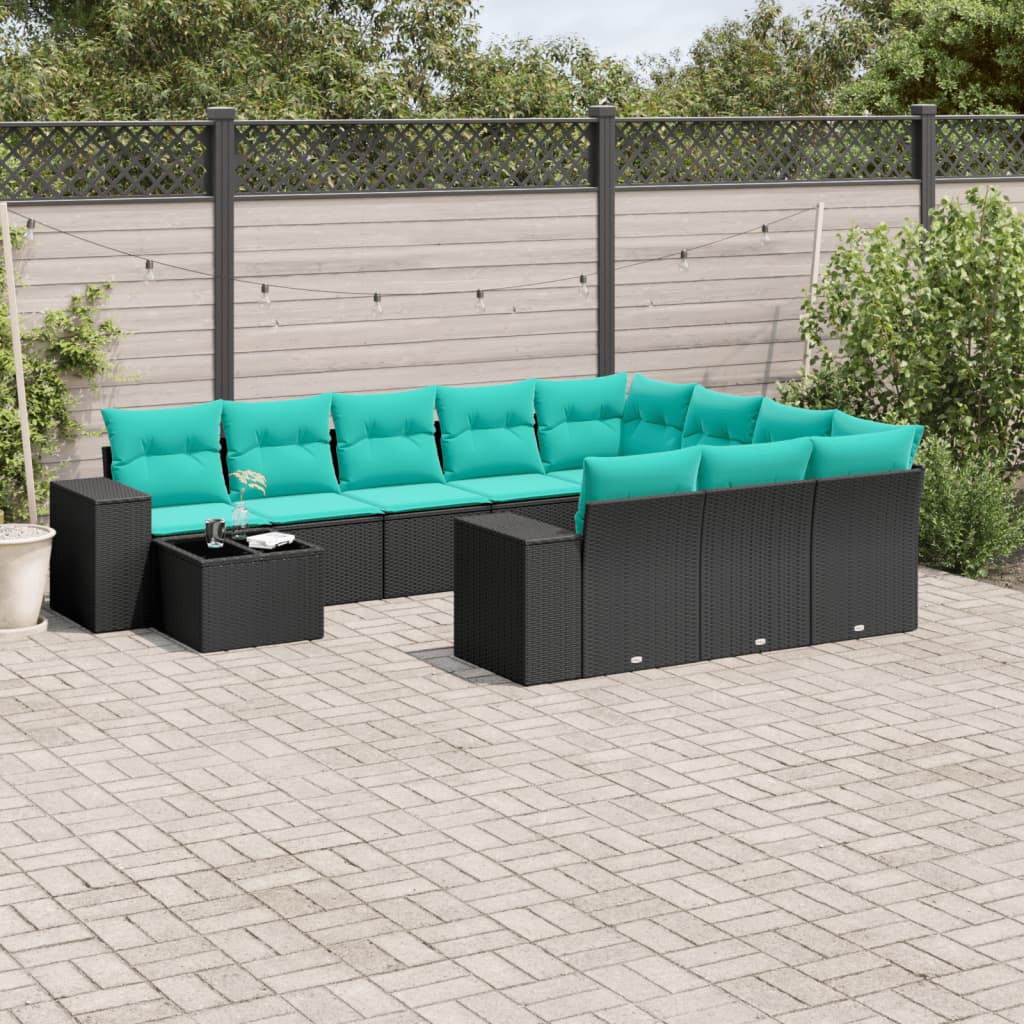 11-delige tuinbankset met kussens, zwart polyrotan is nu te koop bij PeponiXL, paradijselijk wonen!