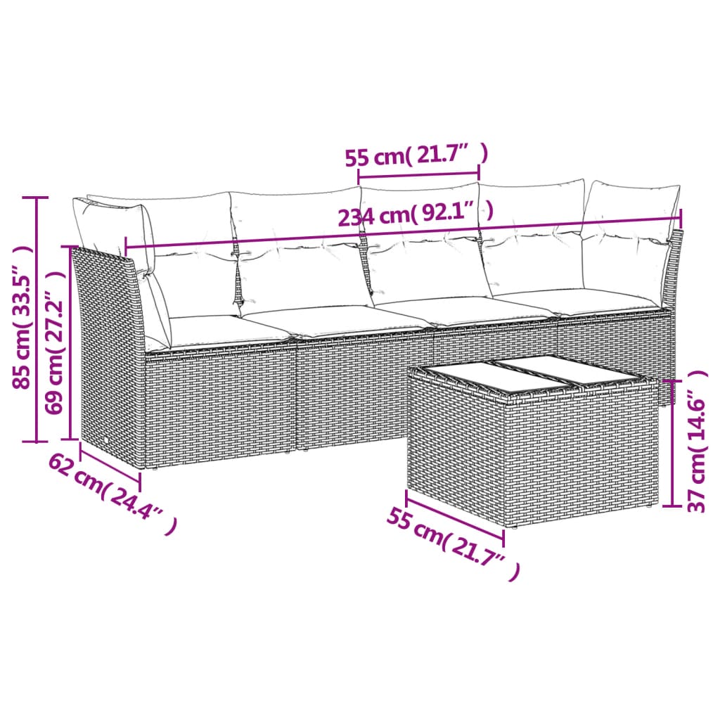 5-delige Loungeset met kussens poly rattan zwart is nu te koop bij PeponiXL, paradijselijk wonen!